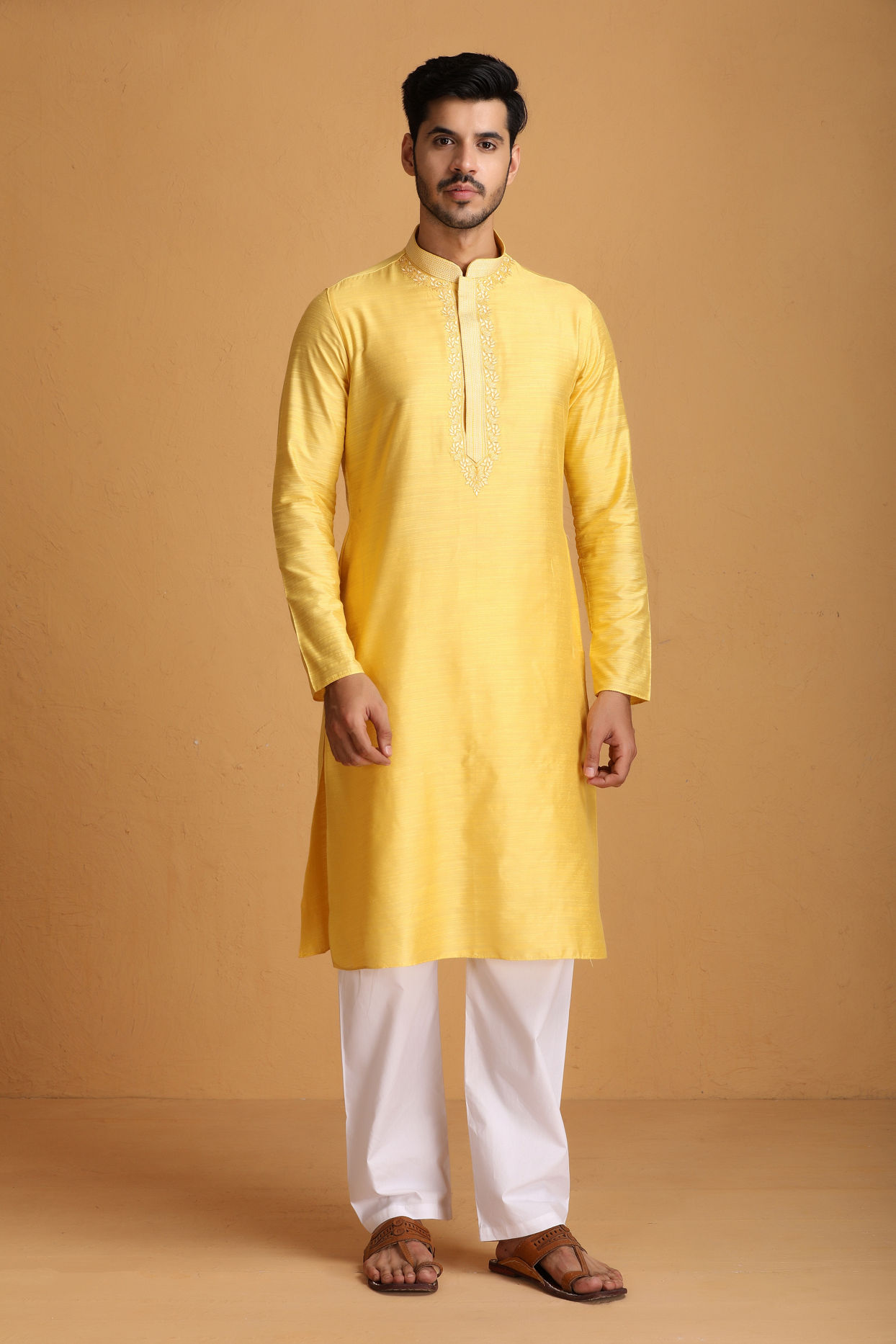 Lemon Yellow Kurta Set With Collar And Placket Embroidery image number 1